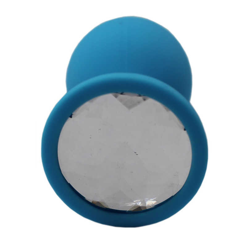 Средняя анальная пробка с прозрачным кристаллом, голубая, 8.5х3,7 см