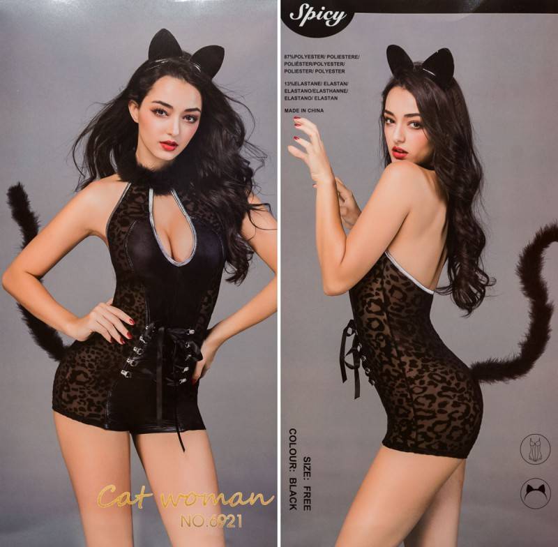 УЦЕНКА 20% Эротический ролевой костюм ЖЕНЩИНА-КОШКА, черный, разм.  S/L  (ДЕФЕКТ ХВОСТИКА)