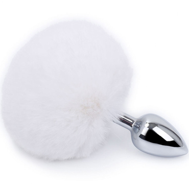  Анальная пробка  RUNYU BUNNY TAIL PLUG  с кроличьим белым хвостиком, серебряная, 7х2,8 см