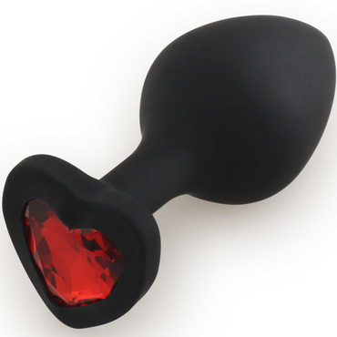 Анальная средняя пробка СЕРДЕЧКО Butt Plug HEART, черная  с красным стразом, 9х4,2 см