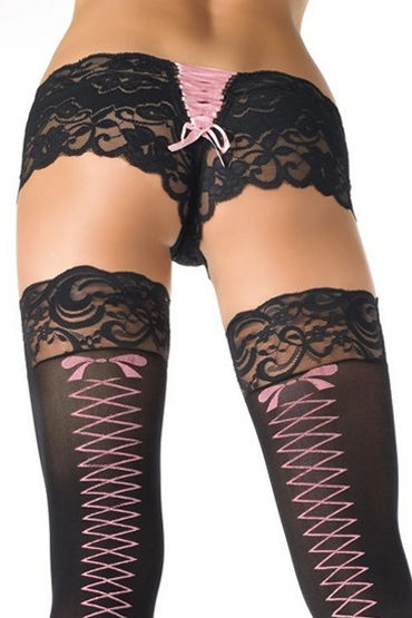 АКЦИЯ 20%! Трусики-шортики Leg Avenue кружевные черные, с розовой шнуровкой, разм. М (БЕЗ КОРОБКИ)