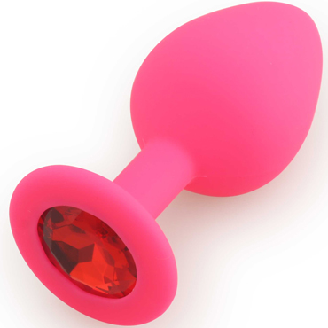АКЦИЯ 20%! Анальная средняя пробка RUNYU SILICONE Butt Plug MEDIUM, розовая с красным стразом, 8х3,5 см