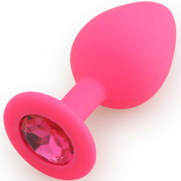  Анальная средняя пробка RUNYU SILICONE Butt Plug MEDIUM, розовая с розовым  стразом, 8х3,5 см