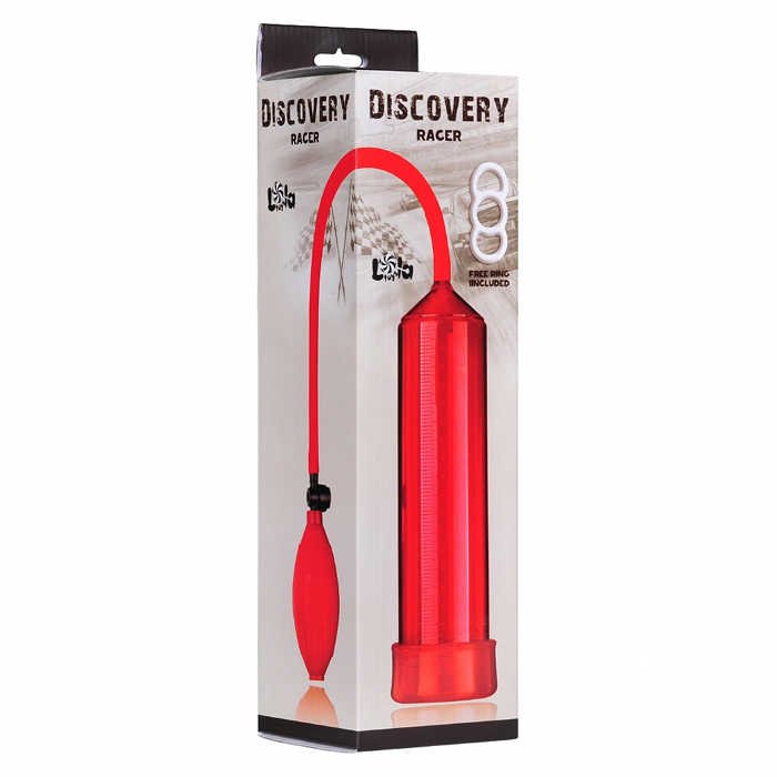 	Помпа мужская с грушей DISCOVERY RACER ROTE с силиконовой насадкой, тройным эрекционным кольцом, красная, 25х5,5 см