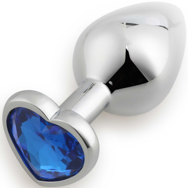 Анальная пробка RUNYU ANAL PLUG HEART серебряная, с синим кристаллом-Сердечко, 8,5х3,3 см