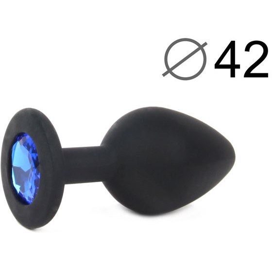 Анальная крупная пробка черная, с синим кристаллом, силикон, 9,5х4,2 см