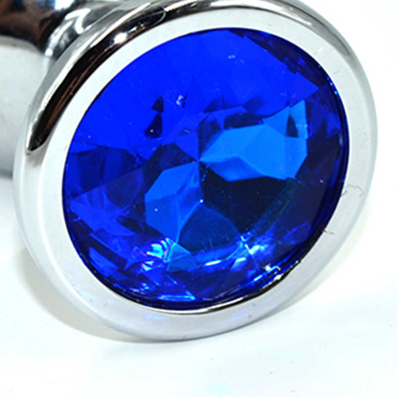 Крупная анальная пробка L  с темно-синим кристаллом,  серебристая, 9,5х4 см