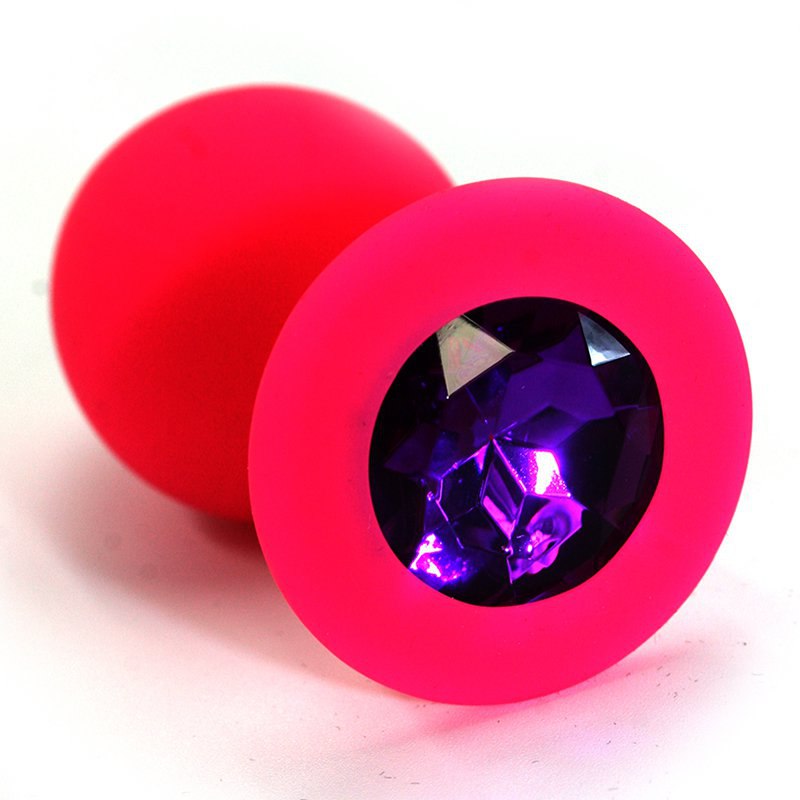 Анальная пробка средняя розовая, с фиолетовым кристаллом, 8х3,5 см