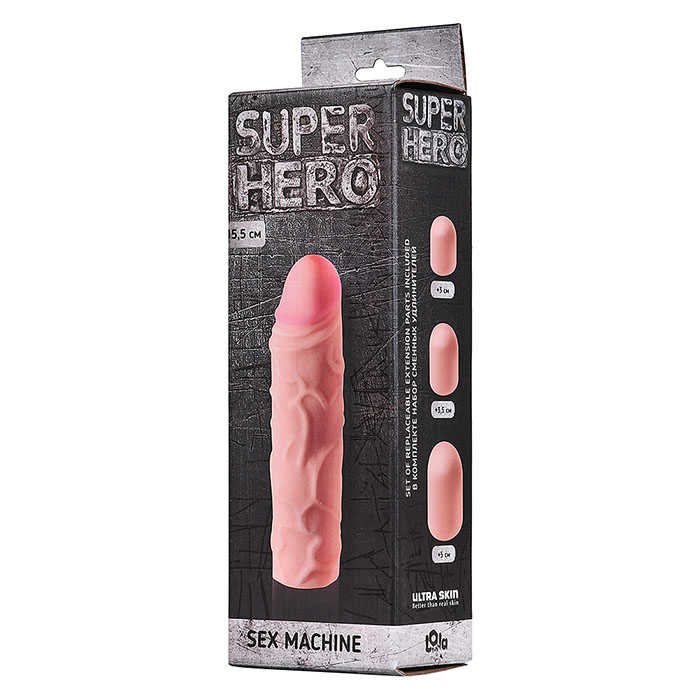 Фаллоудлинитель SUPER HERO SEX MACHINE + три удлинителя (3, 3,5 и 5 см), неоскин, 15,5х4 см
