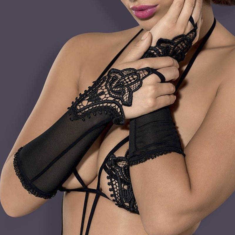 Перчатки с ажурными вставками LUIZA (Obsessive),  черные 