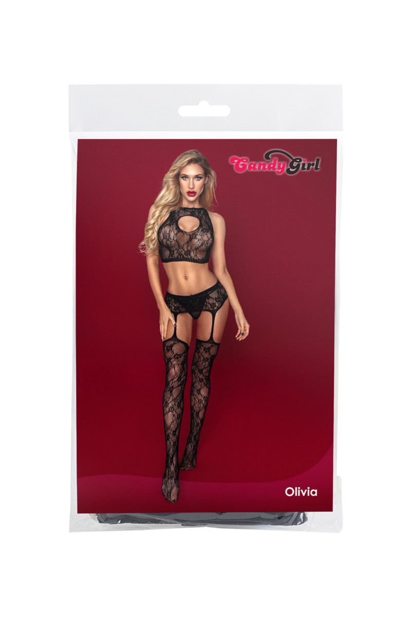 Костюм-сетка CANDY GIRL OLIVIA ( (топ, чулки с поясом, стринги), ажурное плетение, цвет - черный,  разм. OS