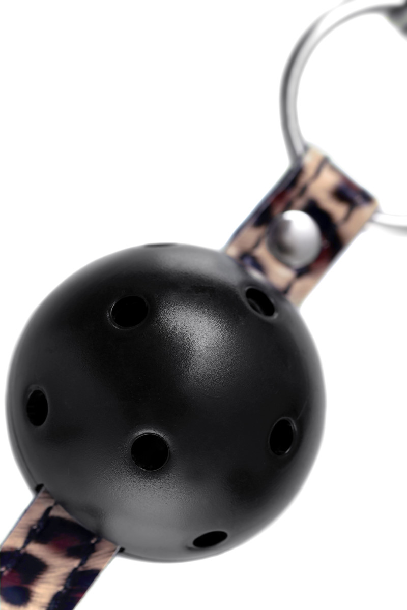  Черный кляп-шар ANONYMO на леопардовых ремешках, PU-кожа, пластик, черный,  64х4,5 см
