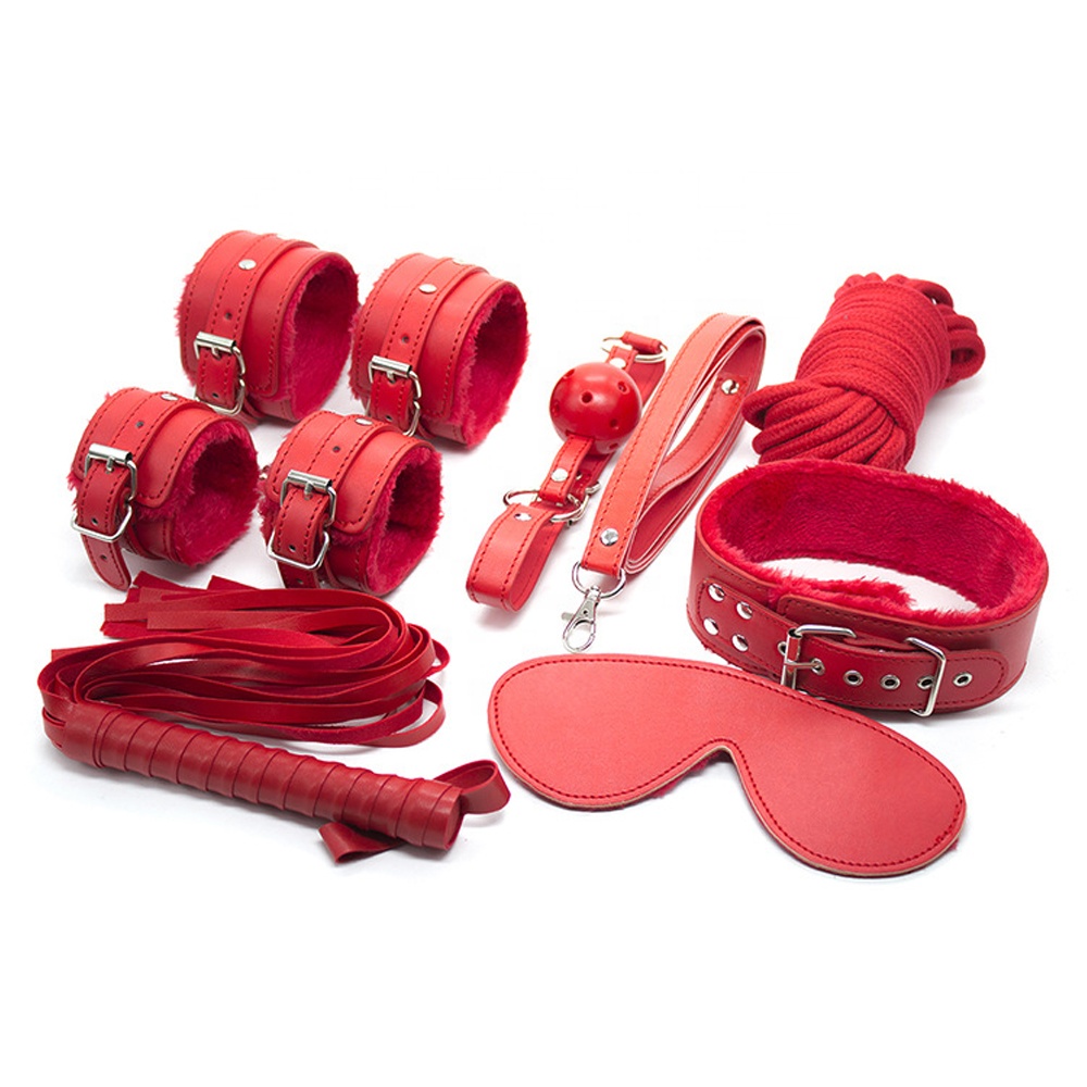 Набор БДСМ Ever-Star: наручники, кляп, веревка, ошейник, плеть, фиксатор, маска, искусственная кожа,  цвет - красный
