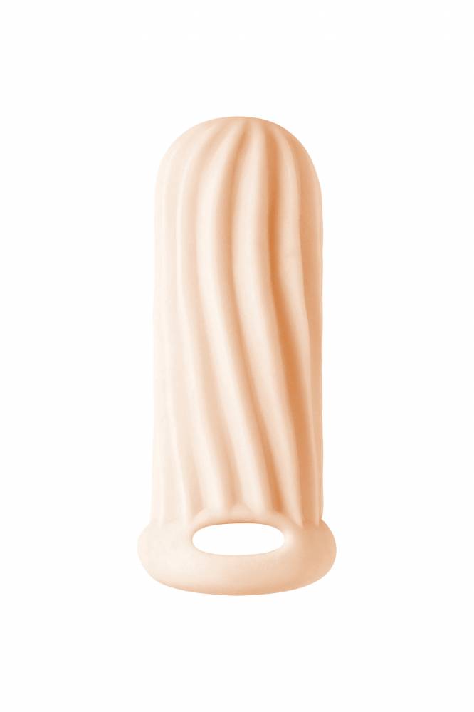  Фаллоудлинитель (1,5 см), утолщающая насадка HOMME WIDE FLESH с внутренними и внешним рельефом, термопластичный эластомер, телесная, 9-12 см