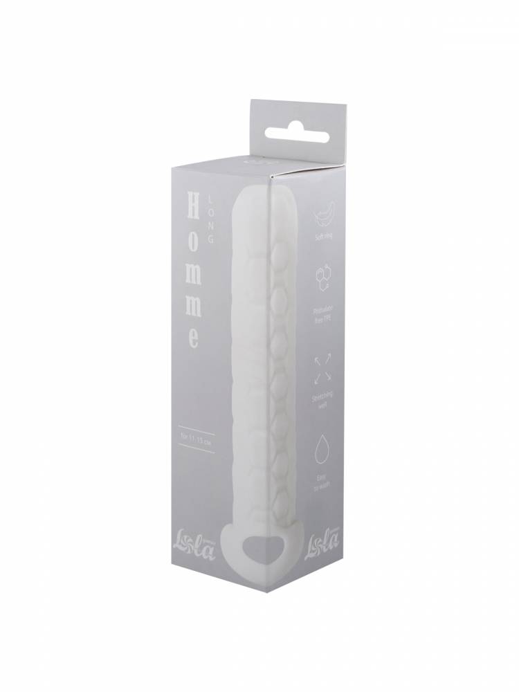  Фаллоудлинитель (3 см) HOMME LONG WHITE  с внутренними и внешним рельефом, термопластичный эластомер, белая, 11-15 см