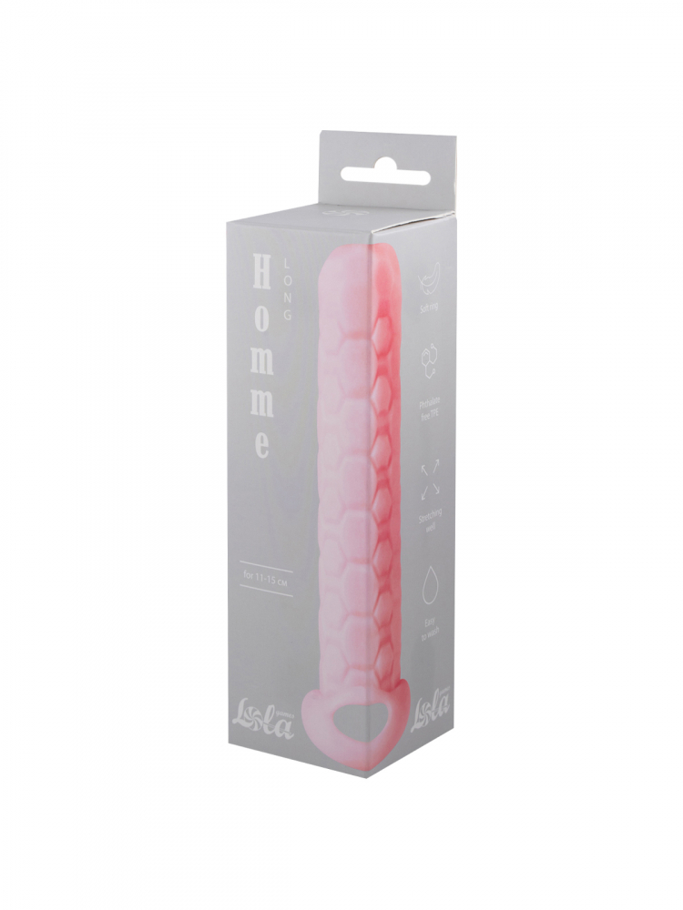  Фаллоудлинитель (3 см) HOMME LONG PINK с внутренними и внешним рельефом, термопластичный эластомер, розовая,11-15 см