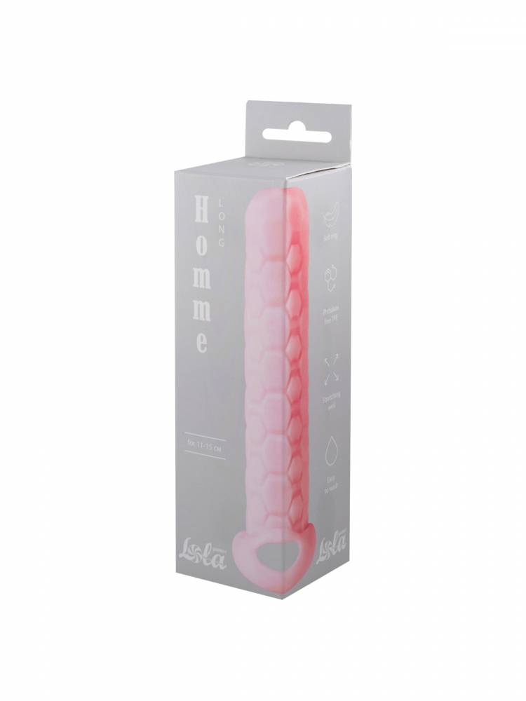  Фаллоудлинитель (3 см) HOMME LONG PINK с внутренними и внешним рельефом, термопластичный эластомер, розовая,11-15 см