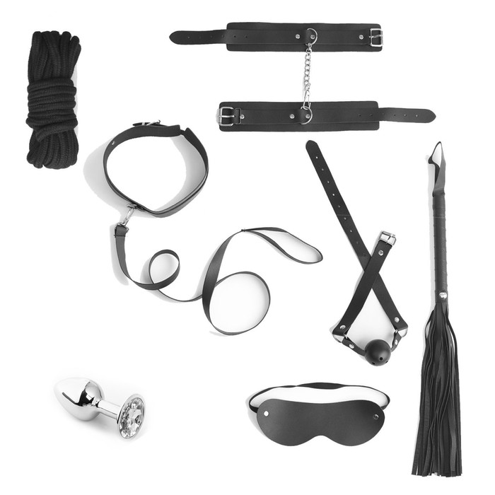 Эротический набор БДСМ, 8 предметов: ошейник, поводок, маска, кляп, плеть, анальная пробка, оковы, верёвка для связывания; кожа, металл, текстиль,  чёрный