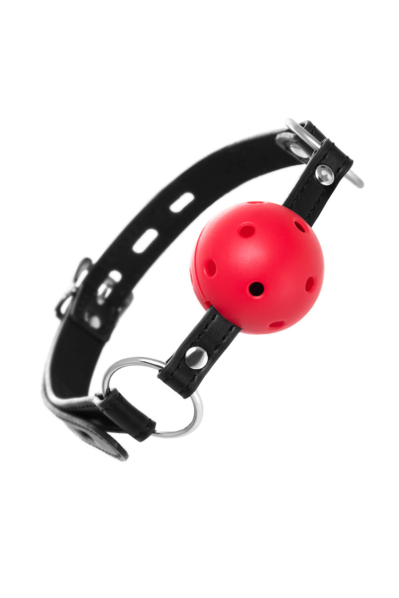 Красный кляп-шар ANONYMO на черных ремешках, PU-кожа, пластик, черный, 64х4,5 см