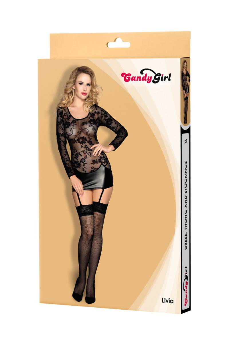 Эластичное платье LIVIA от CANDY GIRL с пажами, чулками и трусиками, wetlook+кружево, цвет черный, разм. 46-48