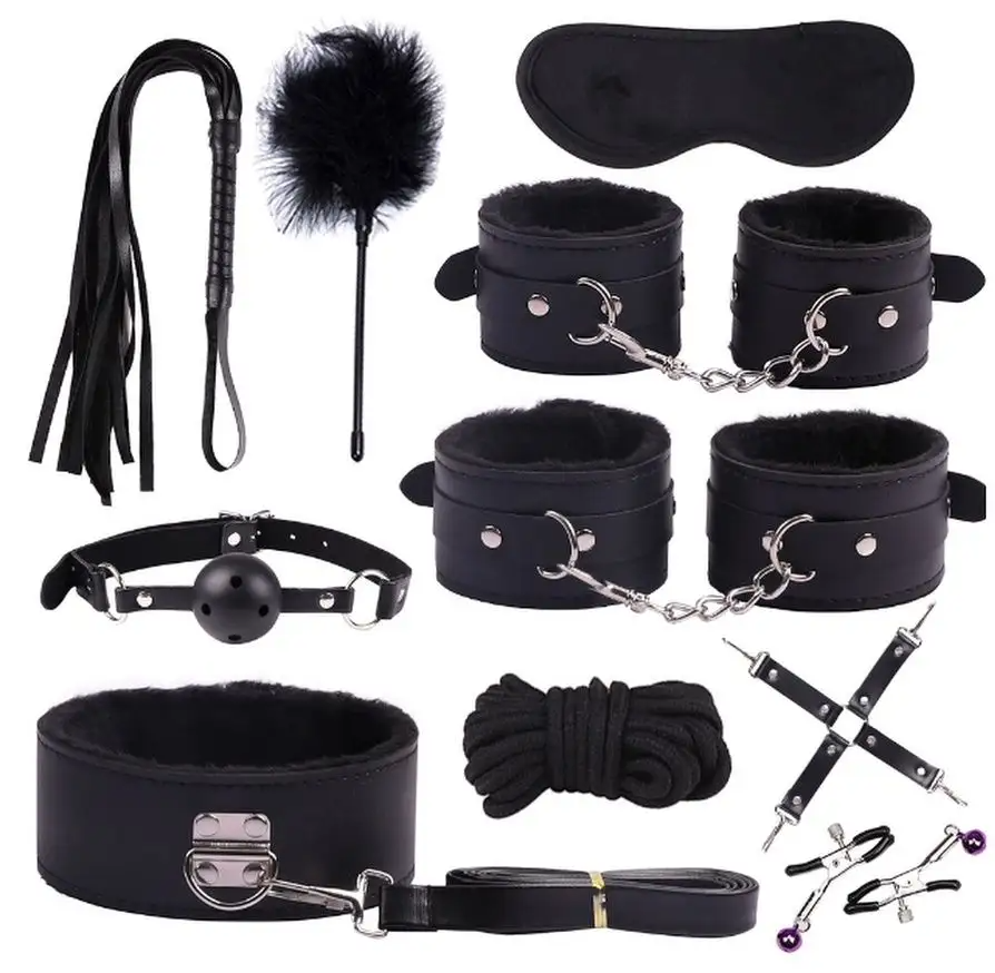 Набор БДСМ из 10 предметов: наручники, наножники,  ошейник, кляп, плетка,  маска, тиклер, бандажный крест, веревка, прищепки на соски; экокожа-металл-мех, цвет - черный (БЕЗ КОРОБКИ)