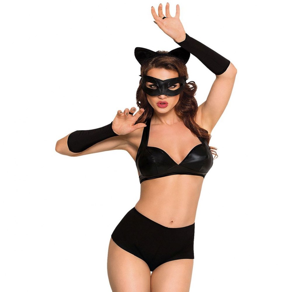   Костюм игривой Кошечки  CATWOMAN: эластичные шортики, лиф, перчатки, хвостик, ободок-ушки-чёрный, разм. S 