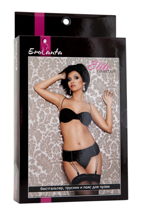 АКЦИЯ 20% Комплект EROLANTA ELITE: бюстгальтер+пояс для чулок+T-стринги, черный, разм.L