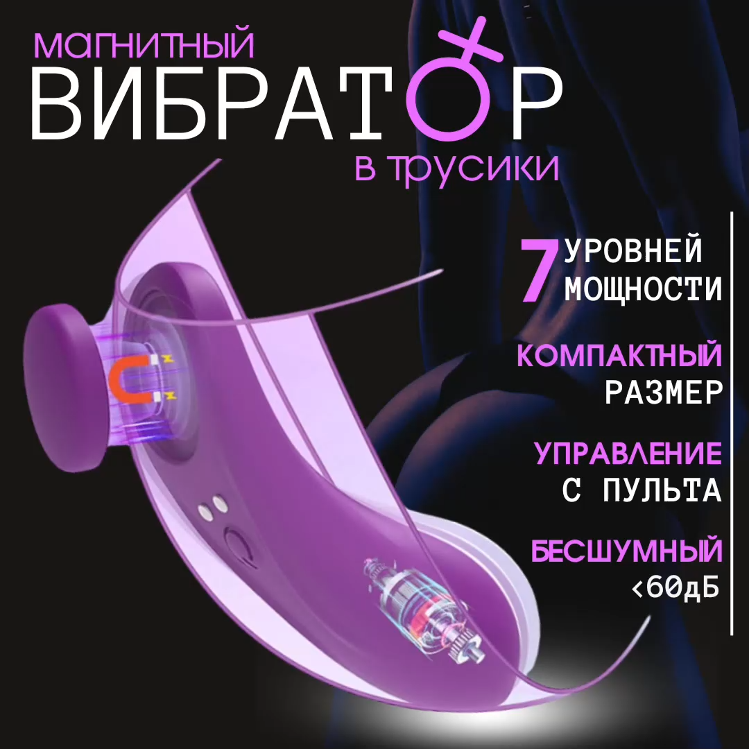 Женский вибратор в трусики WEARABLE VIBRATOR, с магнитом, 7 режимов, 2 моторчика, силикон, фиолетовый,   8х(2,4-3,3) см