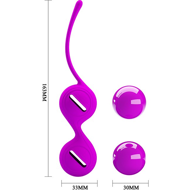 Литые вагинальные шарики со съемными грузами и смещенным центром тяжести, силикон, цвет фиолетовый, длина 16,3 см, диаметр 3,3 см