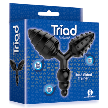 АКЦИЯ 30% Анальная втулка TRIAD 3 WAY PLUG-TEXTURED текстурная трехсторонняя, TPR, черная, 3,0х3,5х3,7 см (неболшой дефект поверхности)