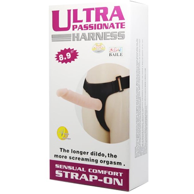 Крупный страпон ULTRA  PASSIONATE HARNESS с гибким хребтом, ТПР,  23х 5 см