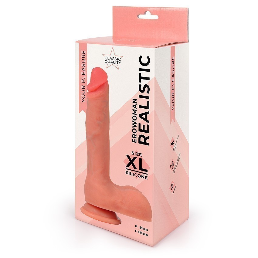 Фалоимитатор REALISTIC XXL, внушительная мошонка, присоска, силикон, телесный, 23(19)х4,9 см