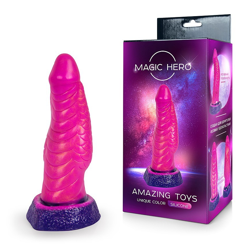 Фаллоимитатор-фэнтези от Magic Hero, с рельефом-чешуей, присоска, медицинский силикон, розовый/фиолетовый, 18(15)х(3 - 5) см