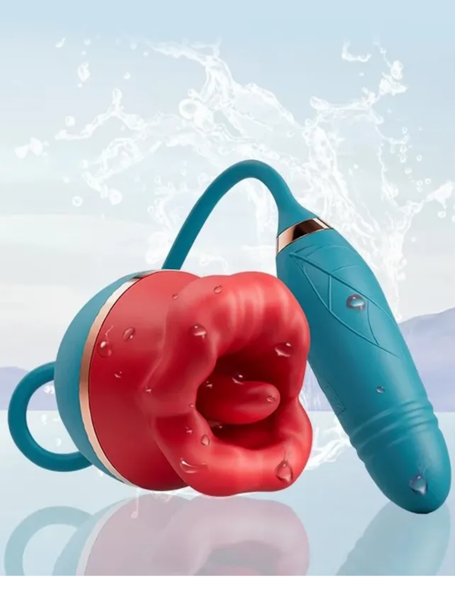 Двусторонний вибратор: порхание язычка+вибрация с фрикциями, 10 режимов, силикон, зеленый, (8,1х7,1)+( 11,7х3,2) см