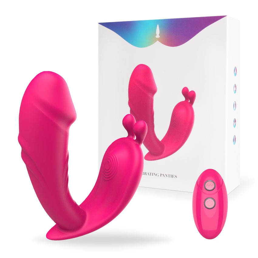 Вибратор VIBRATING PANTIES клиторально-вагинальный, 2 моторчика,  L рабочей части 110 мм D 38 мм, 10 режимов вибрации, дистанционный пульт, сидикон, розовый, 12,5(11)х3,8 см