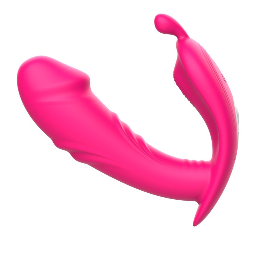 Вибратор VIBRATING PANTIES клиторально-вагинальный, 2 моторчика,  10 режимов вибрации, дистанционный пульт, силикон, ярко-розовый, L рабочей части 11 см, D 3,8 см 