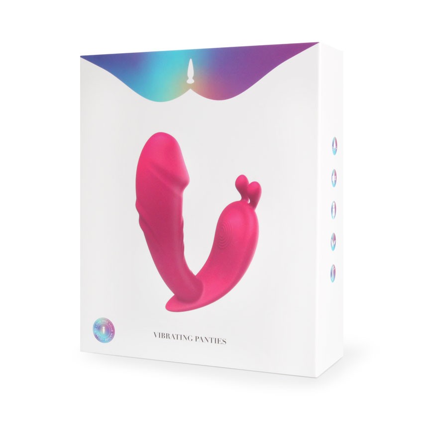 Вибратор VIBRATING PANTIES клиторально-вагинальный, 2 моторчика,  10 режимов вибрации, дистанционный пульт, силикон, ярко-розовый, L рабочей части 11 см, D 3,8 см 