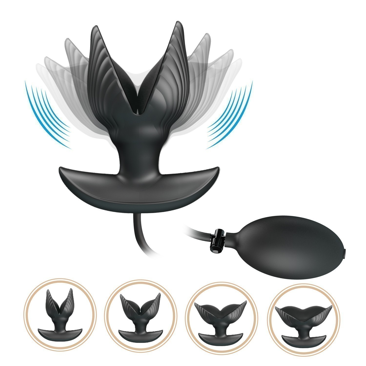 Анальная втулка MANSON в форме раковины, с надувом и вибрацией, 10 режимов вибрации, силикон, черный, 9,6х 4 см