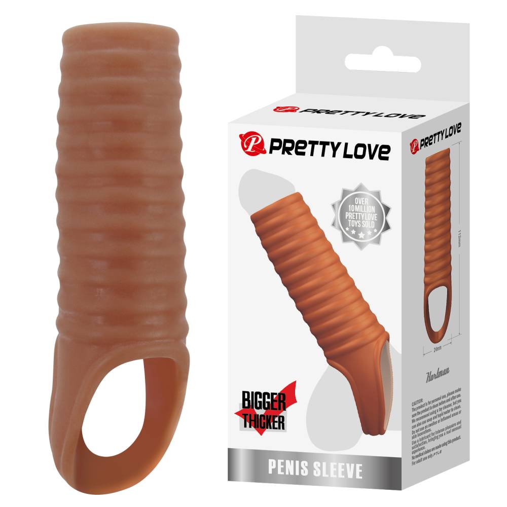 Открытая насадка на пенис BIGGER THICKER  с кольцом на мошонку, ТПР, коричневая, 11,2(8)х 2,4 см
