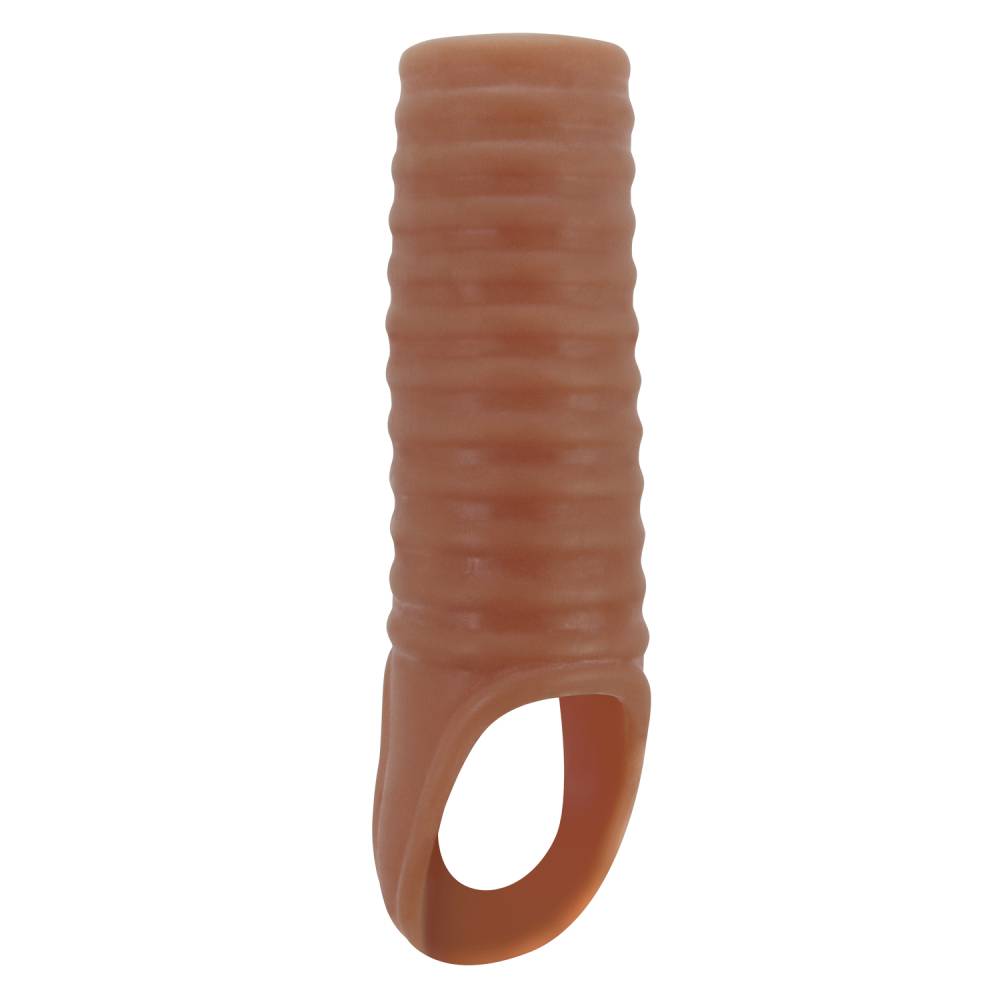 Открытая насадка на пенис BIGGER THICKER  с кольцом на мошонку, ТПР, коричневая, 11,2(8)х 2,4 см