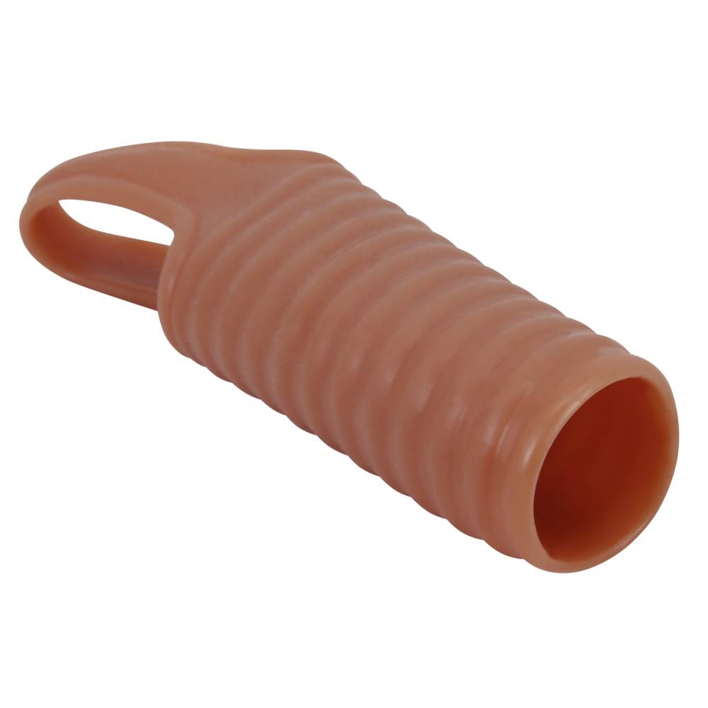 Открытая насадка на пенис BIGGER THICKER  с кольцом на мошонку, ТПР, коричневая, 11,2(8)х 2,4 см