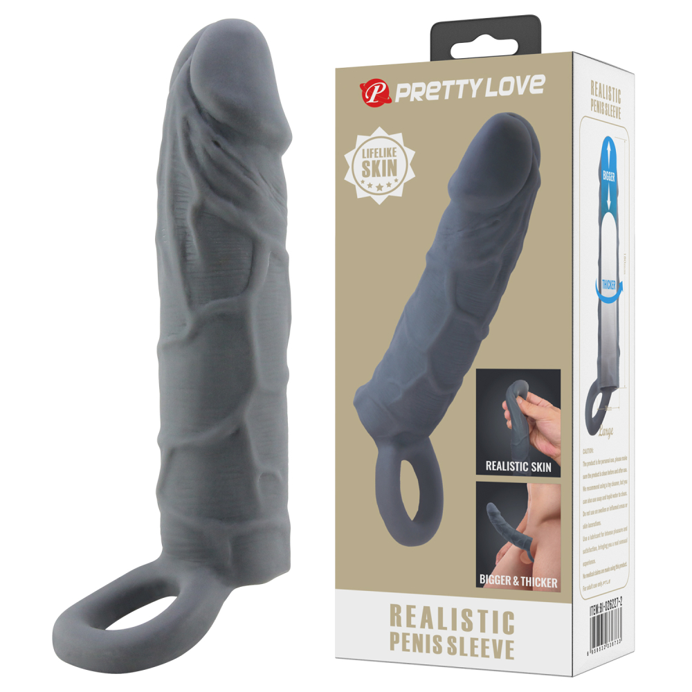 Удлиняющая и утолщающая насадка   REALISTIC PENIS SLEEVE с подхватом мошонки, ТПЕ, серая, 18х3,8 см 