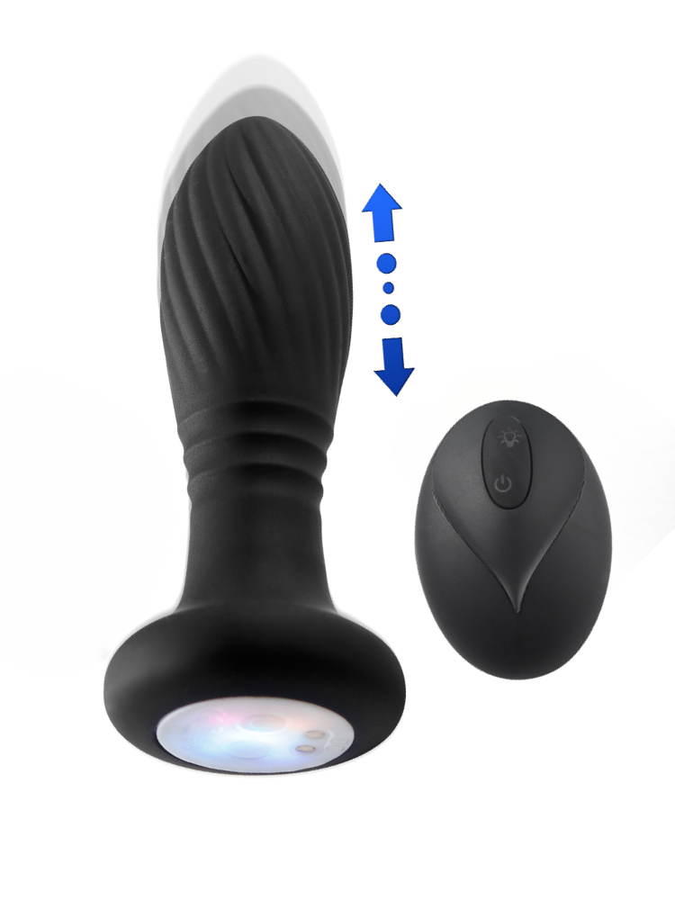 Светящаяся анальная пробка BUMP ORGASM с вибрацией - 9 режимов, поступательным движением - 9 режимов, силикон, черная, 12,5(10)х3,9 см