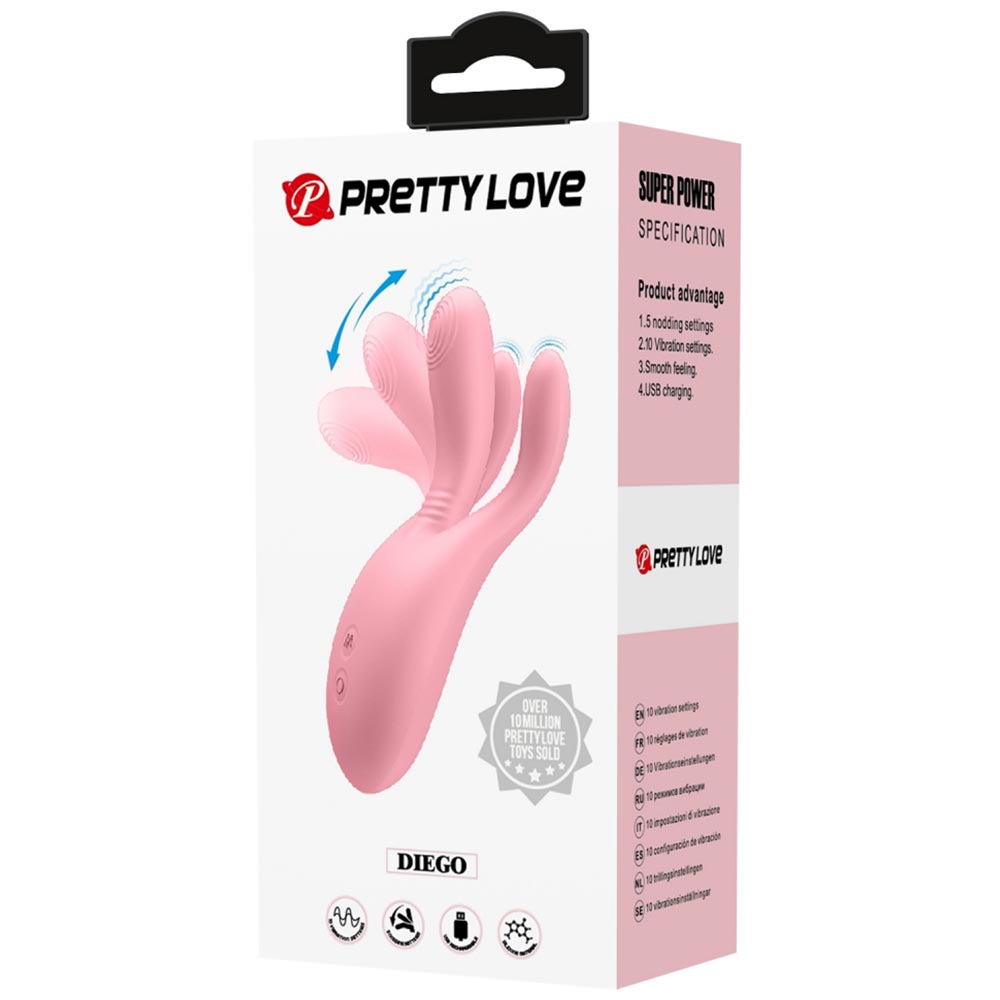 Вибратор Три Пальчика DIEGO с фингерингом , 10 режимов, силикон, нежно-розовый, 13,2х4,7 см