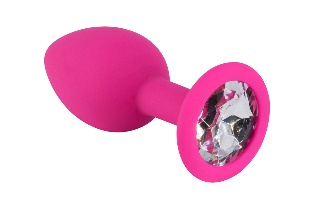 	Розовая анальная пробка из силикона с прозрачным кристаллом, 7,5х2,8 см