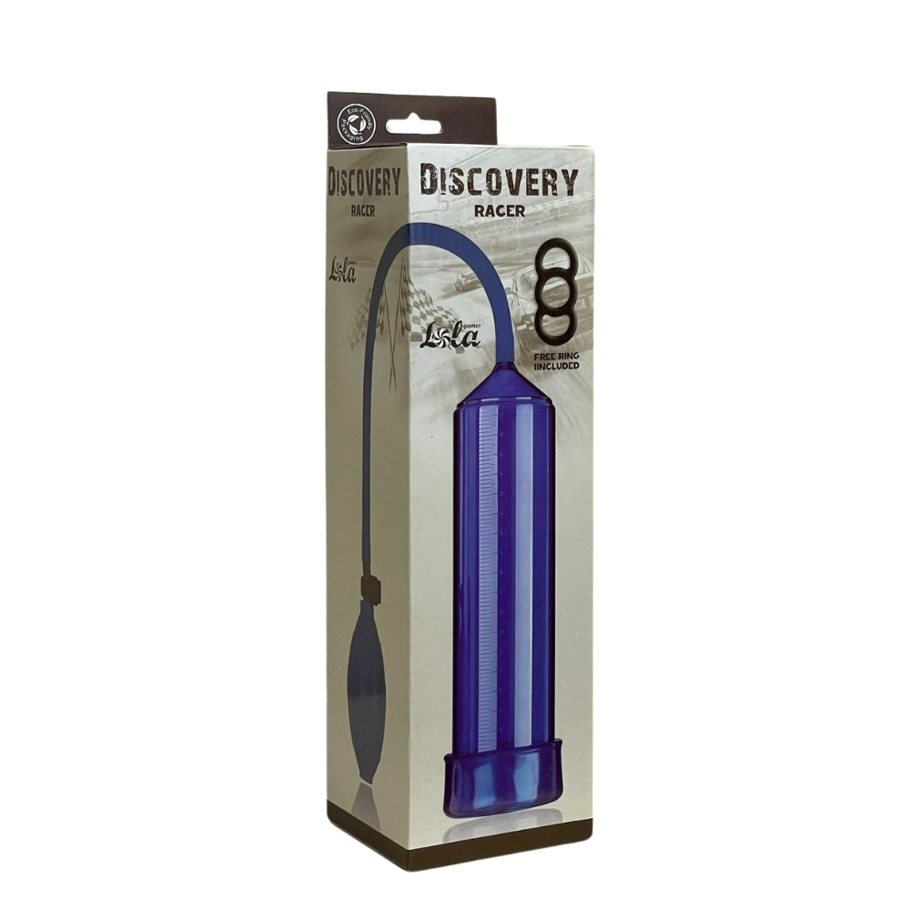 Помпа мужская с грушей DISCOVERY RACER BLUE с силиконовой насадкой, тройным эрекционным кольцом, синяя, 25х5,5 см