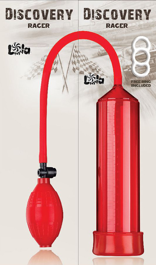 	Помпа мужская с грушей DISCOVERY RACER ROTE с силиконовой насадкой, тройным эрекционным кольцом, красная, 25х5,5 см