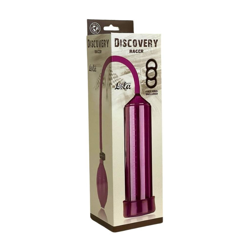Помпа мужская с грушей DISCOVERY RACER PURPLE с силиконовой насадкой, тройным эрекционным кольцом, фиолетовая, 25х5,5 см