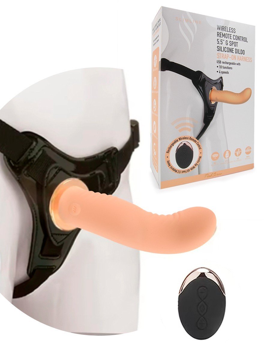 Перезаряжаемый  страпон с вибрацией, пульт ДУ, 10 режимов, силикон, телесный,14х3,6 см 