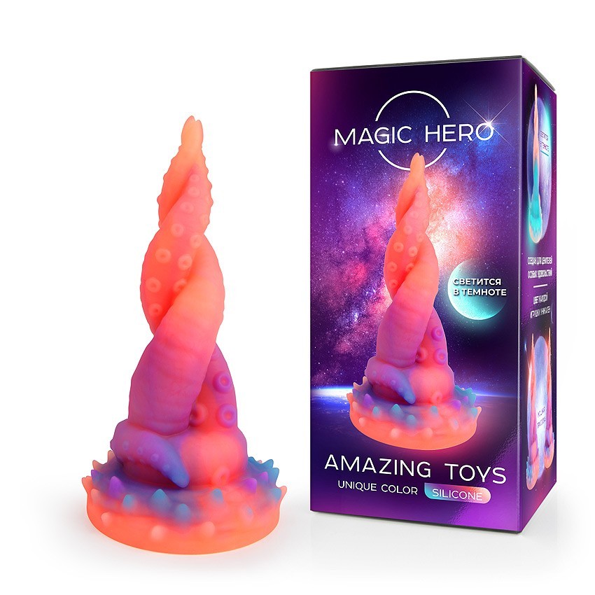 Фантастический фаллоимитатор MAGIC HERO AMAZING TOYS, светится в темноте, силикон, многоцветный, 20(17,5)х(2-5,5) см,